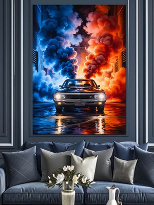 Artmeg Yanan Araba Dumanlı Yol Dekoratif Kanvas - Mdf Ahşap Tablo