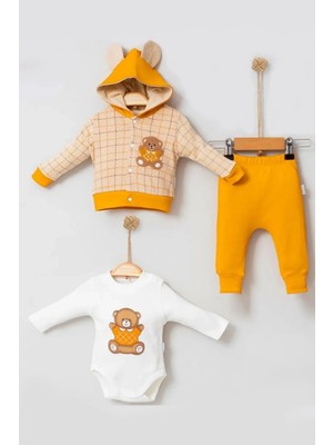 Veralya Bear Çizgili % 100 Pamuk Hırkalı 3'lü Bebek Takımı