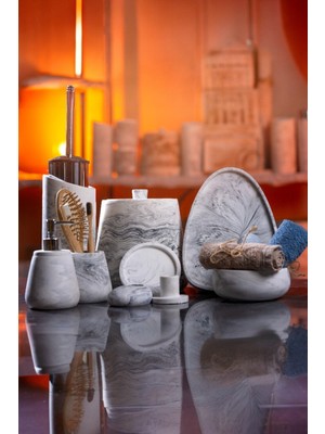 UltraMint 11 Parça Mermer Desenli Banyo Seti: Sabunluk, Diş Fırçalık, Çöp Kovası