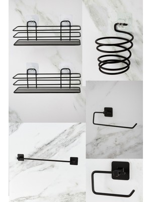 UltraMint Siyah 2'li Banyo Rafı ve Havluluk, Fönlük, Kağıtlık, Tuvalet Kağıtlığı Seti