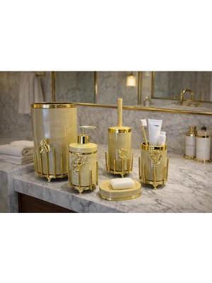 UltraMint Lüks 5 Parça Gold Detaylı Akrilik Banyo Seti, Çiçekli ve Işlemeli Tasarım