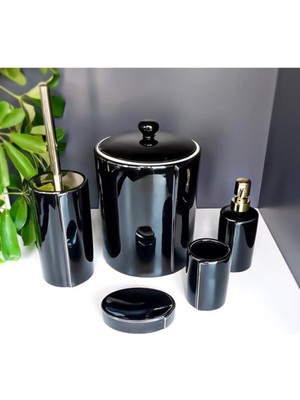 UltraMint Şık Siyah ve Altın Detaylı 5 Parça Porselen Banyo Seti