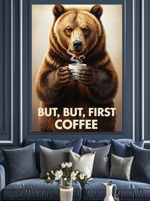 Karizma Tablo Kahve Içen Ayı Resmi Dekoratif Kanvas - Mdf Ahşap Tablo