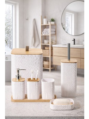 UltraMint Desenli 7 Parça Bambu Banyo Seti, Kapaklı ve Aksesuarlı