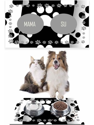 Braventa Collection Monnhein Siyah Beyaz Pati, Kedi Köpek Mama ve Su Altlığı, Mama Paspası, Kedi Köpek Mama Eğitim Paspa