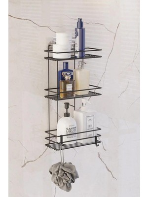 Braventa Collection Sas Haus Ömür Boyu Paslanmaz Yapışkanlı Düz Banyo Düzenleyici Şampuanlık Duş Rafı Siyah Kancalı Tş-0