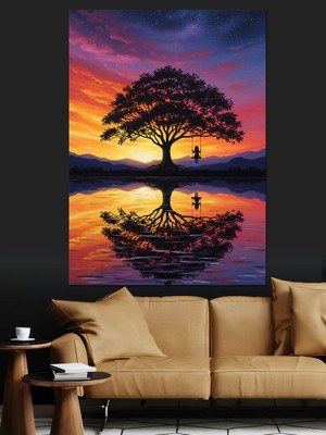 Tablomega Gün Batımı Ağaç Manzarası Silüeti Dekoratif Kanvas - Mdf Ahşap Tablo