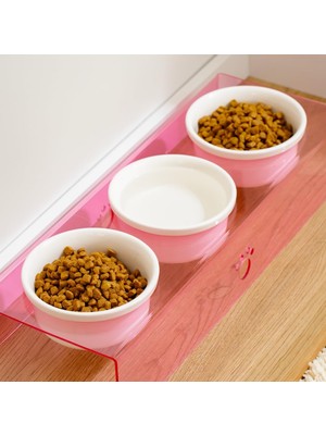 Braventa Collection Herniks Pati Desenli Şeffaf Pleksi ve Seramik Üçlü Mama Kabı 44X15 cm (Pembe)