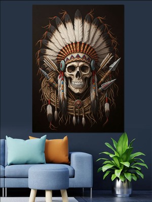 Artmeg Kızılderili Başlıklı Kuru Kafa Dekoratif Kanvas - Mdf Ahşap Tablo