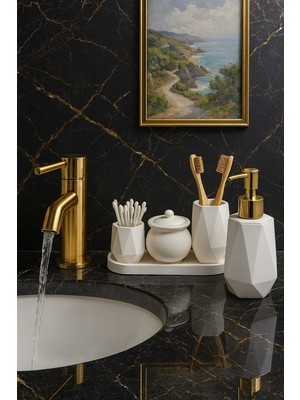 UltraMint Mermer Desenli 5 Parça Dekoratif Banyo Seti, Sıvı Sabunluk ve Diş Fırçalık
