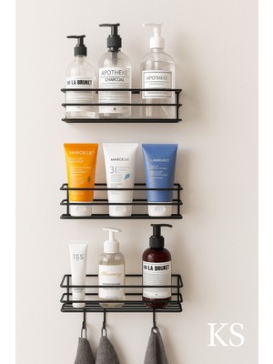 UltraMint 3’lü Siyah Metal Banyo Raf Seti, Şampuanlık ve Düzenleyici Organizer