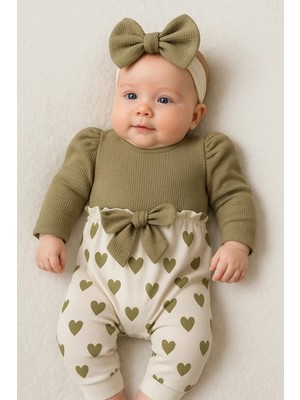 Veralya Kız Bebek Kalp Desenli Waffle Bandanalı 2'li Tulum