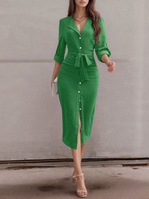 Başak Collection Kadın Uzun Kollu Önden Düğmeli Beli Kuşaklı Aerobin Midi Elbise