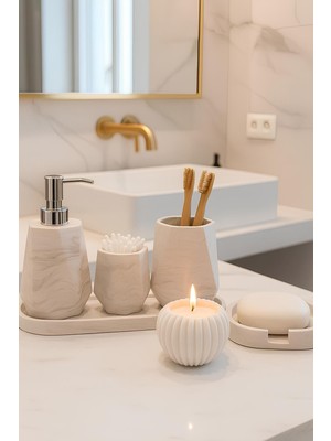 UltraMint Mermer Dokulu 6 Parça Banyo Seti: Sabunluk, Diş Fırçalık, Mumluk ve Dekoratif Tepsi