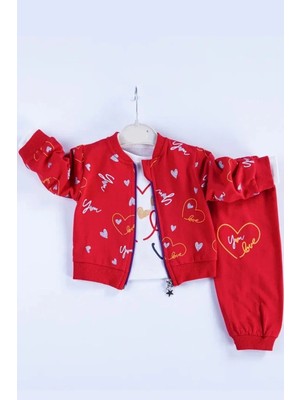 Veralya Kalp Desenli Hırkalı Pamuklu 3'lü Kız Bebek Takımı