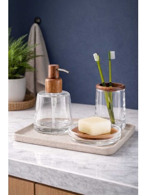 UltraMint Doğal Ahşap ve Cam Banyo Seti, 3 Parça, Şık ve Zarif Tasarım