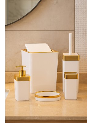 UltraMint Akrilik 5 Parça Kare Banyo Seti Parlak Beyaz ve Gold Şık Tasarım