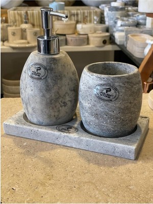 UltraMint Gümüş Traverten Doğal Taş Oval 3'lü Banyo Seti, Şık ve Kullanışlı Tasarım