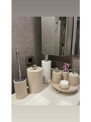 UltraMint Doğal Bej Mermer Banyo Seti, Aksesuar Detaylı, 8 Parça