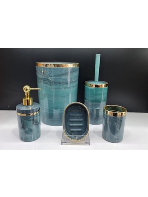 UltraMint Yeşil Mermer Akrilik Banyo Seti, 5 Parça, Gold ve Kromaj Detaylı