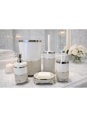 UltraMint Şık 5'li Beyaz Gümüş Tasarım Banyo Seti, Diş Fırçası ve Sabunluk