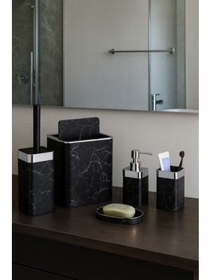 UltraMint Akrilik Yapım Gümüş Çizgi Siyah Mermer Banyo Takımı, 5'li Kare Set