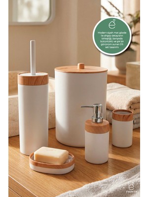 UltraMint Ahşap Desenli 5'li Banyo Seti: Çöp Kovası, Sıvı Sabunluk, Diş Fırçalık, Sabunluk