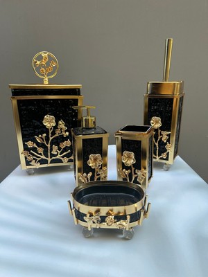 UltraMint Şık Siyah Cam Kare Çerçeveli Japon Gül Banyo Seti