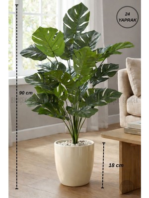 Biçiçek Yapay Çiçek Salon Bitkisi Monstera Deve Tabanı Kırıkbeyaz Renk Yalı Saksıda