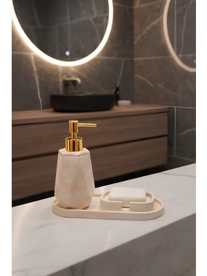 UltraMint Mermer Dokulu Lüks 3 Parça Banyo Seti, Sıvı Sabunluk, Sabunluk, Oval Tepsi