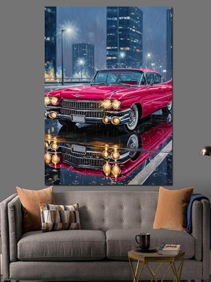 Artmeg Yağmurlu Şehir Pembe Araba Dekoratif Kanvas - Mdf Ahşap Tablo