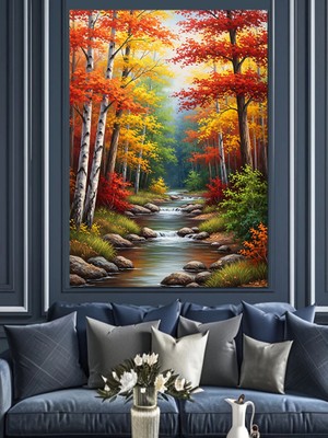 Tablomega Sonbahar Orman Nehir Manzarası Dekoratif Kanvas - Mdf Ahşap Tablo