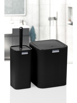 UltraMint Şık Siyah Çizgili Kare Wc Kova ve Fırça Seti, Pratik ve Elegant Tasarım