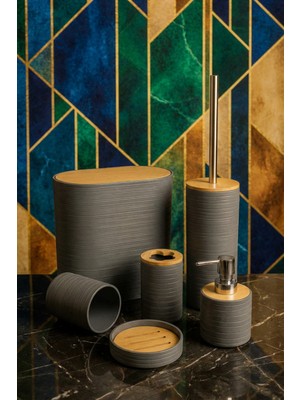 UltraMint 6'lı Banyo Seti, Bambu Kapaklı, Gri, Oval, 8 Litre, Şık ve Kullanışlı