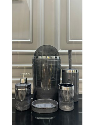 UltraMint Yuvarlak Mermer Desenli Gümüş Renk Akrilik Banyo Çöp Kovası