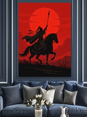 Tablomega Kırmızı Siyah Atlı Şövalye Dekoratif Kanvas - Mdf Ahşap Tablo