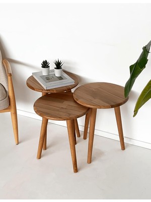 Braventa Collection ''doğal Masif Ahşap Yörünge Sehpa Seti - 3'lü Zigon Yuvarlak Modern Takım (Yan, Dekoratif Sehpa)'' (