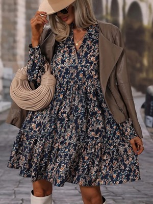 Başak Collection Kadın Uzun Kollu Hakim V Yakalı Desenli Volanlı Süprem Elbise