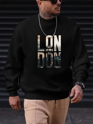 Başak Collection Erkek Uzun Kollu Bisiklet Yaka London Logo Baskılı Iki Iplik Sweat