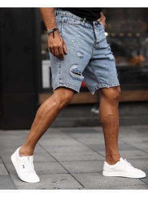 Başak Collection Erkek Buz Mavi Yırtık Detaylı Kot Şort