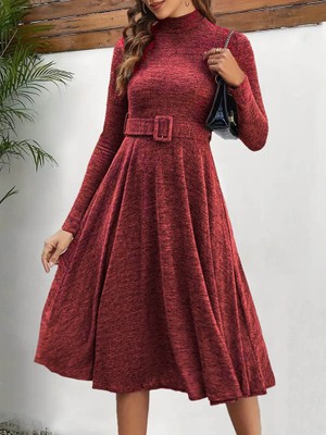 Başak Collection Kadın Uzun Kollu Balıkçı Yaka Kemer Detaylı Yumoş Midi Elbise