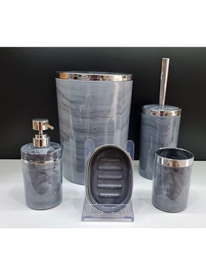 UltraMint 5'li Akrilik Yuvarlak Banyo Seti Antrasit Gri Mermer ve Gümüş Kromaj