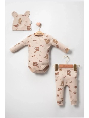 Veralya Karaca Desenli % 100 Pamuk 3'lü Şapkalı Erkek Bebek Takım