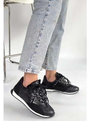 Armüz Ranu Siyah Cilt Paraşüt Detaylı Bağcıklı Spor Ayakkabı
