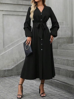 Başak Collection Kadın Uzun Kollu Derin V Yakalı Belden Kuşaklı Önden Düğmeli Janjan Krep Elbise