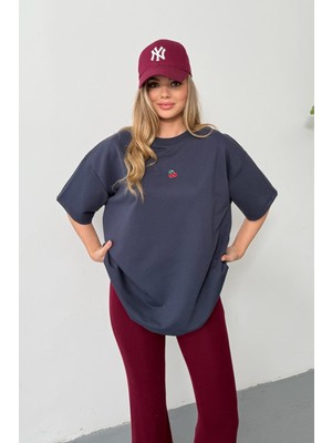 Giysa Kadın Bisiklet Yaka Kiraz Aksesuarlı 2ip T-Shirt Lacivert - 26Y 26600