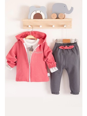Veralya Prences Nakışlı Kapişonlu 3'lü % 100 Pamuk Kız Bebek Takımı