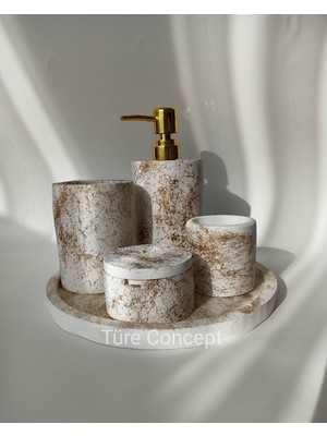 UltraMint Altın Renk Banyo Seti: Sabunluk, Tepsi, Diş Fırçalık, Pamukluk ve Kulak Çubuğu