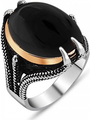 Fumeyabi Gümüş Siyah Taşlı Kartal Pençesi Erkek Yüzük