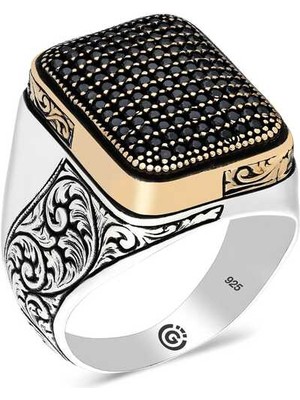 Fumeyabi Gümüş Siyah Zirkon Taşlı Kare Erkek Yüzük